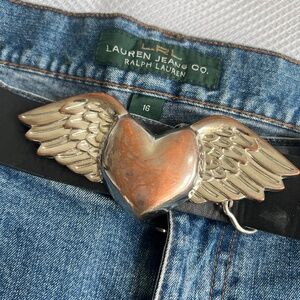 Winged Heart Buckle on Dark Brown Leather Belt 1 1/2" Wide